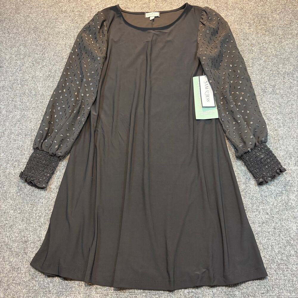 NEW Sam & Jess Black Mini Dress Medium Sheer Long Shimmer Sleeve Polka Dot NWT